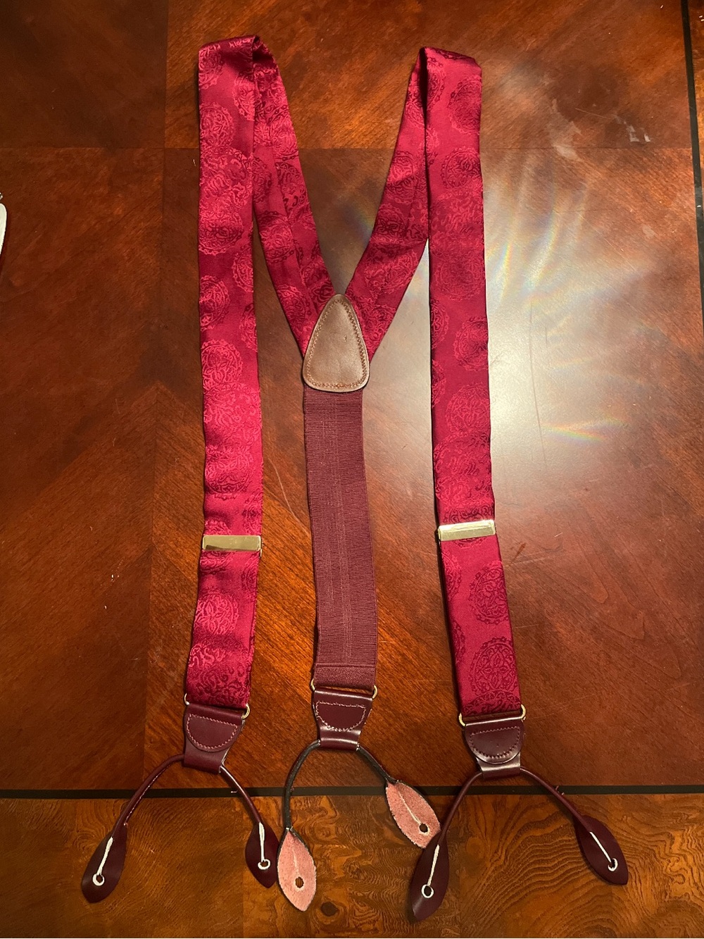 CAS Germany Men's Burgundy Paisley Suspenders with Leather Button Tabs 100% silk